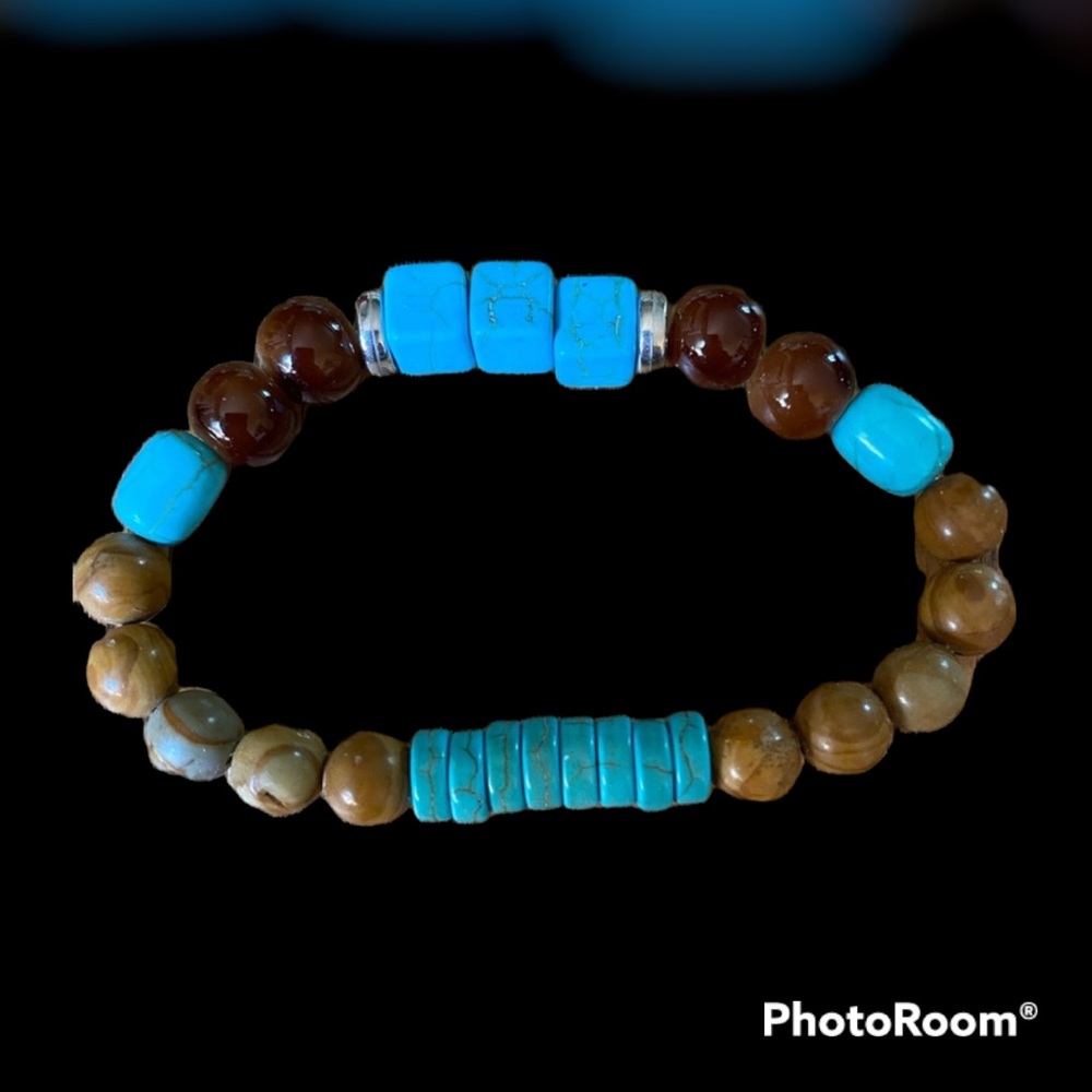 Tigereye, Wood, & Turquoise Bead Stretchy Bracelet